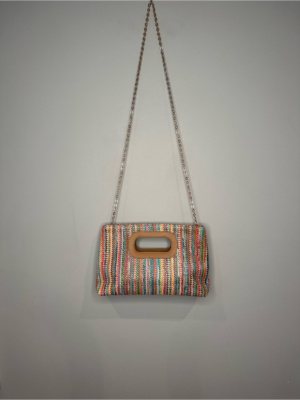 Multicolor Woven Shoulder Bag with Tan Handle